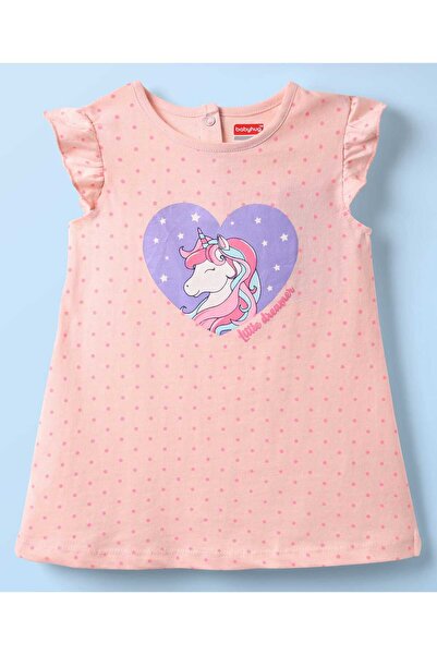 Babyhug Knit Frill Sleeves Nighty With Polka Dots & Unicorn Print - Pink
