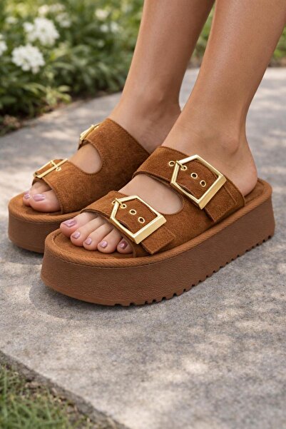 Saadet Kaya Butik Kadın Taba Süet Yüksek Taban Tokalı Terlik