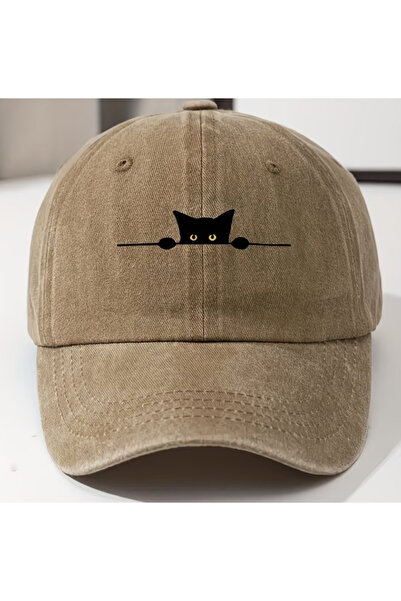 Touz Moda Yıkamalı Vintage Cute Cat Baskılı Unisex Şapka