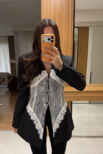 HARMONY GLOBAL Kadın Siyah Dantel Detaylı Blazer Ceket – Kruvaze Form, Astarlı, Şık ve Modern Tasarım Ceket 7869