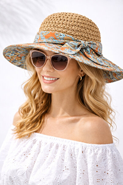 Rabona Fashion Bohemian Patterned Straw Women's Hat with Bow Detail