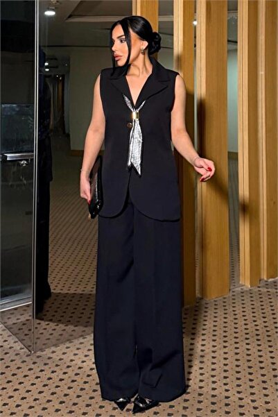 Neşeli Butik γυναικείο μαύρο μοντέρνο φουλάρι με λεπτομέρειες παντελόνι παλάτ...