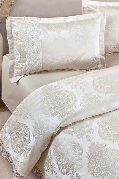 BİRHOME Floransa Jakarlı Fransız Dantelli Modern Çift Kişilik Yatak Örtüsü Takımı 240x250cm (krem)