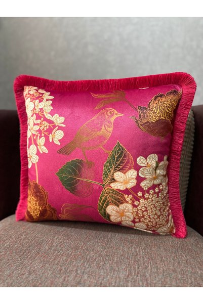 Fabricland Robin-9372 Fuchsia Pink Imported Silk Velvet Tasseled Cushion Cover 43X43