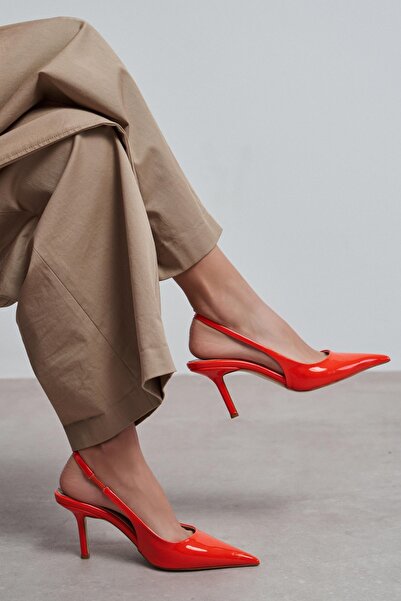 NİŞANTAŞI SHOES Γυναικεία παπούτσια με τακούνι σε λαμπερό πορτοκαλί λουστρίνι...