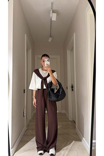 khar Γυναικείο Καφέ Σετ Παντελονιού με Λεπτομέρεια Φουλάρι