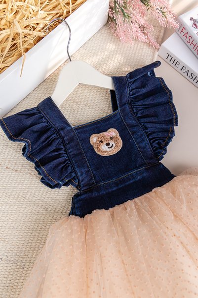 Babymod Teddy Bear Embroidered Tulle Skirt Baby Girl Dress Denim Gilet