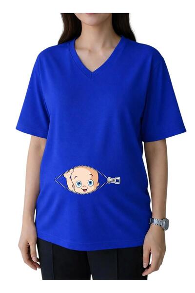 E-ROMA Μπλουζάκι εγκυμοσύνης με φερμουάρ, στάμπα μωρού, λαιμόκοψη V, oversize...