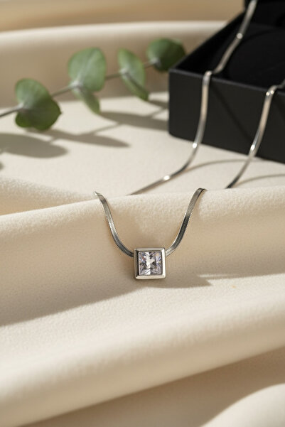 morbella Minimal Square Stone Steel Necklace – Italian Snake Chain Modern Wom...