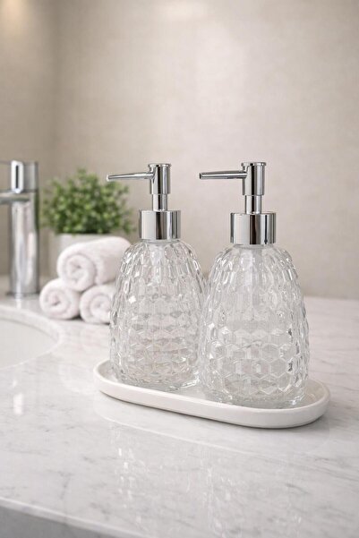 ANGDESİGN Royal Sıvı Sabunluk 2.li Standlı Şeffaf-Krom / Beyaz Taban • Lavabo Banyo Mutfak Tezgah Üzeri Şıklık Cam Sabunluk Sıvı Sabun Dispenseri Sabun Pompası Mutfak Sıvı Sabunluğu Cam Deterjanlık Dekoratif
