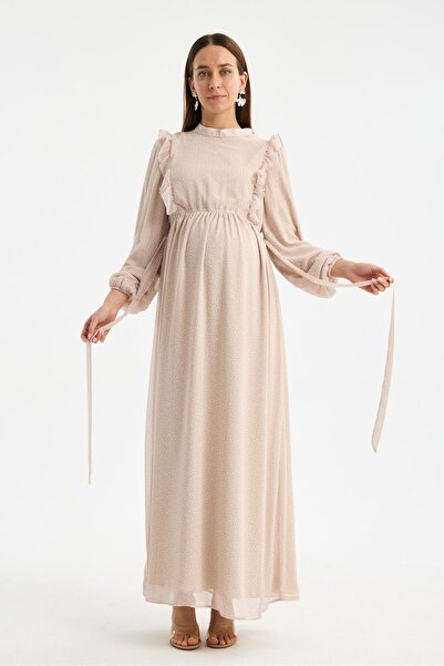 Işşıl M0024-Φόρεμα μάξι σιφόν εγκυμοσύνης με μίνι λεοπάρ σχέδιο και γιακά με ...