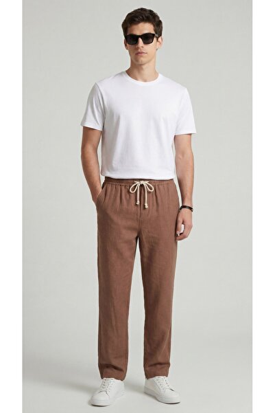 Leopars Men's Brown Linen Trousers Muslin Fabric Oversize Comfortable Fit Dai...