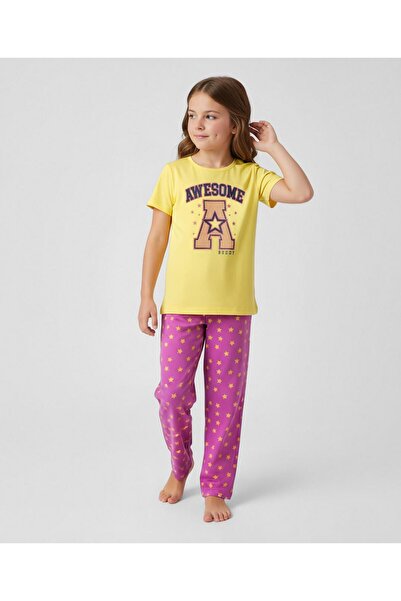 Pine kids Knit Short Sleeves Sleep Suit with Stars & Text Print - Lemon Yello...