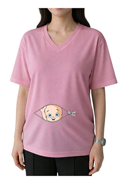 DM DOLCE MORE Μπλουζάκι εγκυμοσύνης με φερμουάρ, στάμπα μωρού, λαιμόκοψη V, o...