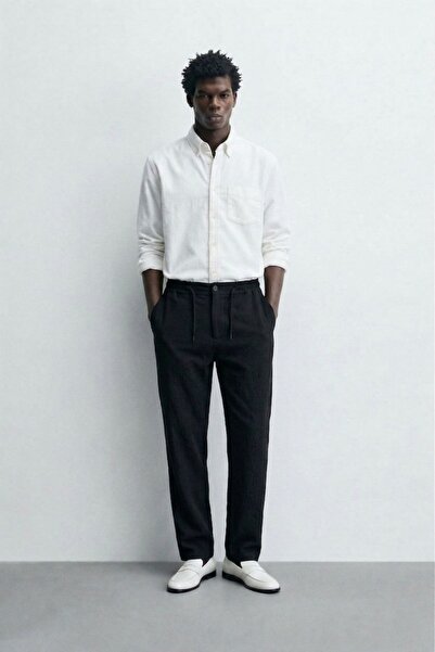 GIA - ART Ανδρικό λινό παντελόνι Porto με υφή, μαύρο – με κορδόνια, με κουμπι...