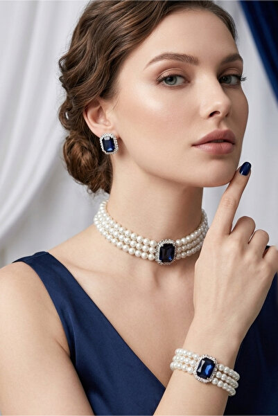 Happyline İncili lacivert baget taşlı gümüş kaplama inci choker kolye tasarım...