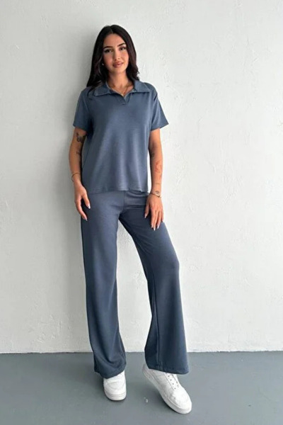 ModaLavida Lavida Modal Soft Fabric Short Sleeve Lapel Detail T-Shirt Pants W...