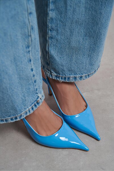 NİŞANTAŞI SHOES Γυναικεία παπούτσια με τακούνι Parla Blue από λουστρίνι με λε...