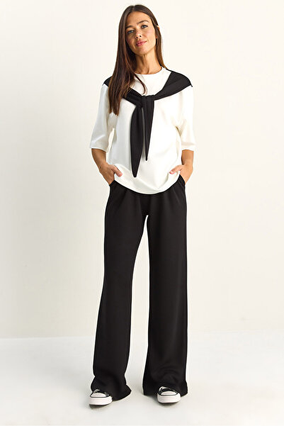 Bianco Lucci Γυναικείο Σετ με Λεπτομέρεια Σάλι, Βασικό T-Shirt, Ελαστική Μέση...