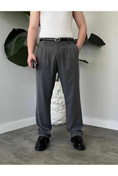 MODAMESTO Ανδρικό παντελόνι από ύφασμα με πιέτες σε ανθρακί χρώμα, άνετη εφαρ...