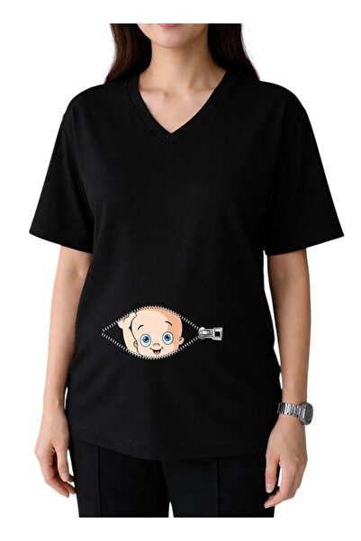 DM DOLCE MORE Μπλουζάκι εγκυμοσύνης με φερμουάρ, στάμπα μωρού, λαιμόκοψη V, o...