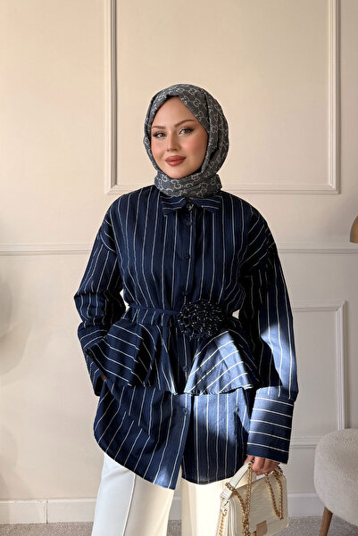 LOCCO Γυναικείο πουκάμισο με κορδόνι στη μέση και ρίγες, σε μπλε ναυτικό χρώμα