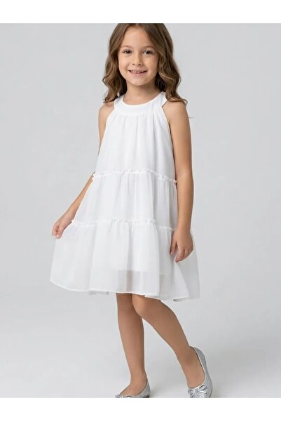 Dmb Κοριτσίστικο φόρεμα σιφόν με επένδυση και κουμπιά, λευκό