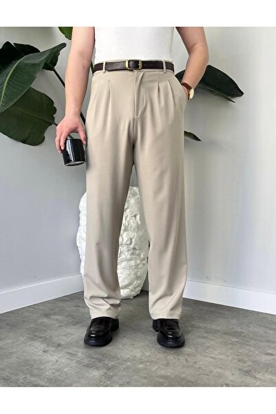 MODAMESTO Men's Beige Baggy Fit Relaxed Fit Pleated Fabric Trousers