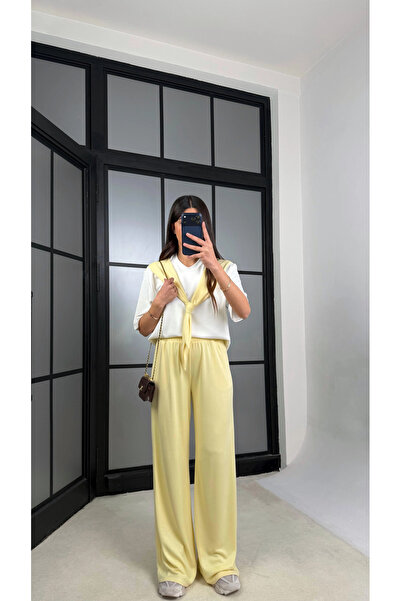 solena sln Γυναικείο Σετ Φόρμας με Κίτρινο Σάλι, Λεπτομερές Μπλουζάκι, Παντελ...