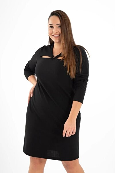 Roxxlen 121633 Women's Plus Size Dress with Collar Detail Black