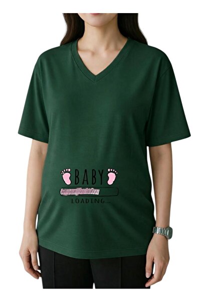 E-ROMA Μπλουζάκι εγκύων με στάμπα μωρού, ροζ σχέδιο ποδιών, λαιμόκοψη V, over...