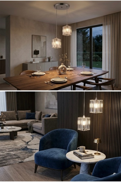 MİRAN HOME Modern Gümüş Uzun Kristal Taşlı Kare 2’li Sarkıt Avize