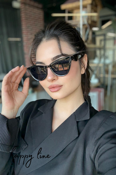 happy line Vintage Black Marble Cat Eye Sunglasses - with Special Leather Case and Wipe Cloth as a Gift