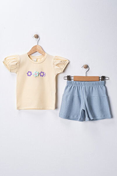 BABY SPORT طقم تي شيرت وشورت للفتيات، طقم صيفي بأكمام مكشكشة وتفاصيل زهرية