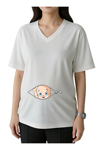 DM DOLCE MORE Μπλουζάκι εγκυμοσύνης με φερμουάρ, στάμπα μωρού, λαιμόκοψη V, o...