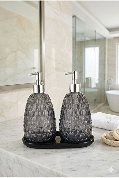 ANGDESİGN Royal Sıvı Sabunluk 2.li Standlı Füme-Krom / Siyah Taban • Banyo Mutfak Bulaşık Lavabo Deterjanlık Cam Sabunluk Sıvı Sabun Dispenseri Sabun Pompası Mutfak Sıvı Sabunluğu Cam Deterjanlık Dekoratif