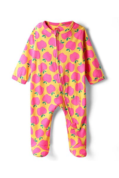 Babyhug Knit Full Sleeves Front Open Footed Sleep Suit with Apple Print - Yel...