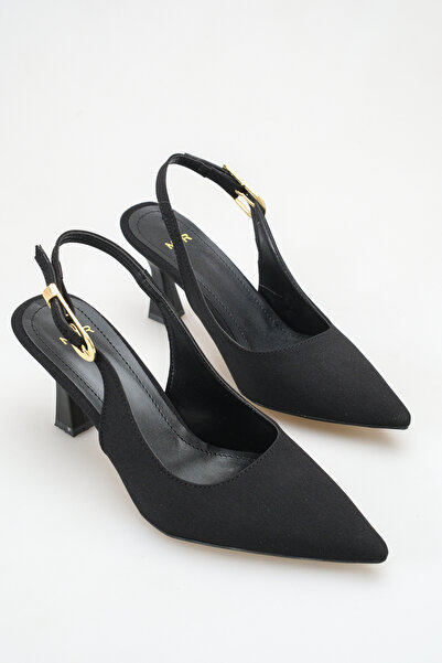 meyra'nın ayakkabıları Γυναικεία μαύρα σατέν παπούτσια με ανοιχτή πλάτη και τ...