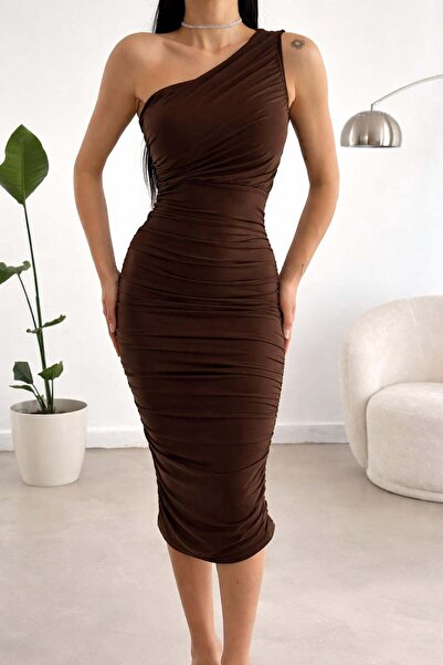 Deafox Καφέ υφασμάτινο φόρεμα με άμμοστη υφή, μίντι μήκους, με ντραπέ εφέ