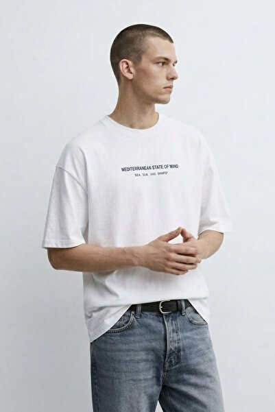 MATERIAL Ανδρικό μπλουζάκι με στάμπα Mind Text σε λευκό χρώμα, oversized