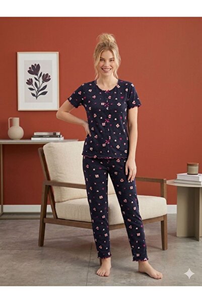 PİJALİNA Γυναικείο Σετ με Κοντά Μανίκια και Μακρύ Εμπριμέ Σχέδιο