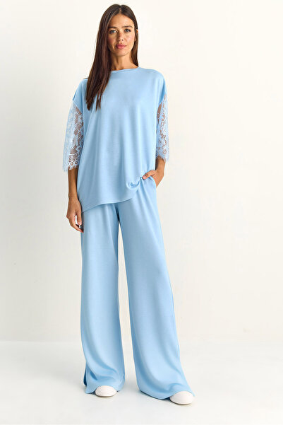 Bianco Lucci Γυναικείο Σετ με Δαντελένια Μανίκια, Oversize Basic T-Shirt, Ελα...