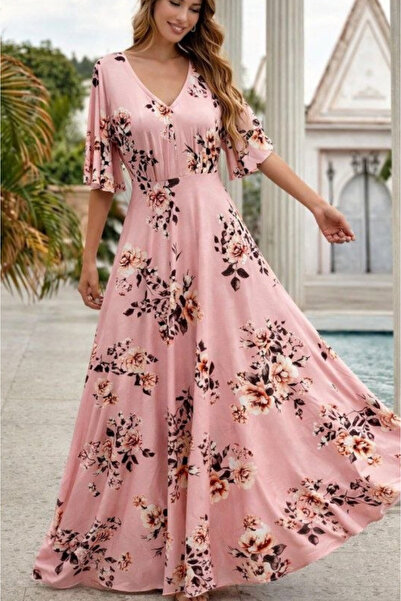 Kokosh moda Kadın Kısa Kollu V Yakalı çiçek Desenli Süprem Elbise