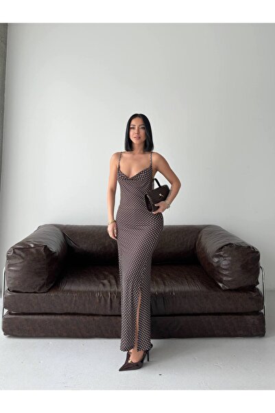 alenmoda Φόρεμα με μοτίβο πουά και λεπτομέρεια σκίσιμο, με τιράντες, ειδικού ...