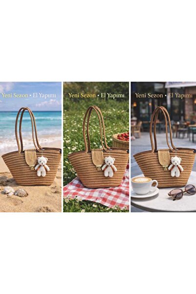 madam gold Ψάθινη κομψή τσάντα μεσαίου μεγέθους, πλεκτή στο χέρι