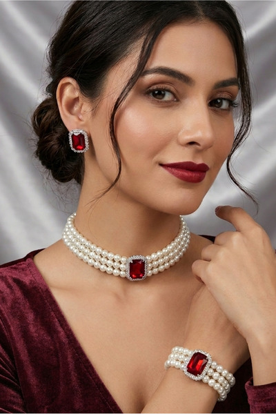 Happyline İncili bordo baget taşlı gümüş kaplama inci choker kolye tasarım şı...