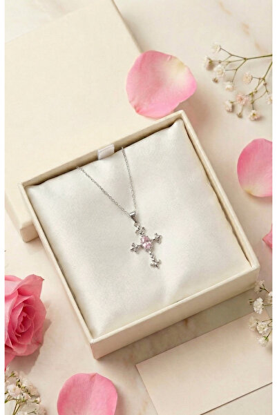 Luxia Gümüş Renk Vintage Motifli Pembe Kristal Taşlı Zarif Kolye