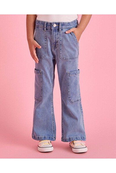 REDTAG Girls Blue Flared Cargo Jeans