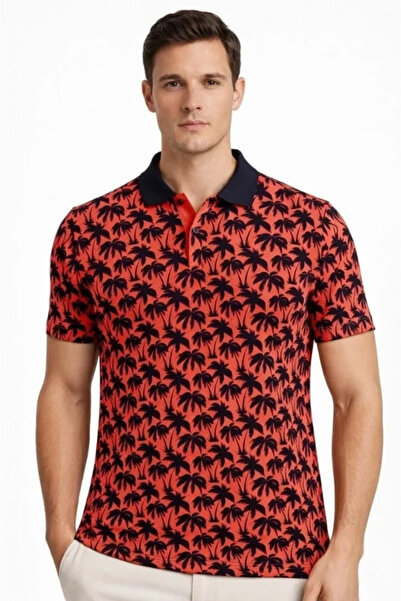 özssa Men's Pique Fabric Polo Collar Palm Patterned T-Shirt Short Sleeve Summ...