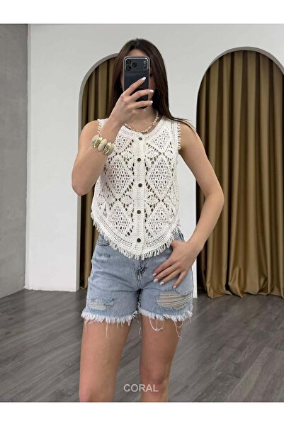 Coral Tasseled Lace Vest 39408 Ecru